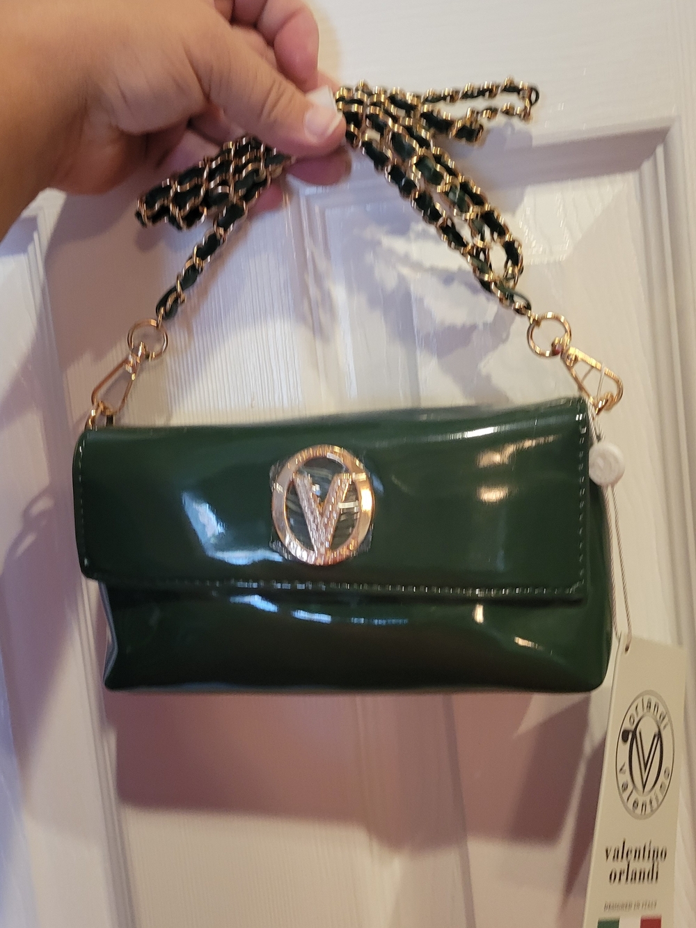Valentino Orlandi Dark Green Patent Leather Chain Shoulder Clutch